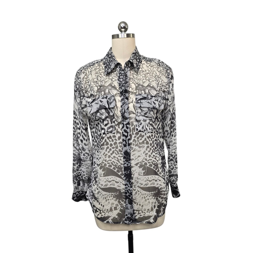 Equipment Femme Black White Silk Mixed Animal Print Button Down Blouse Size XS